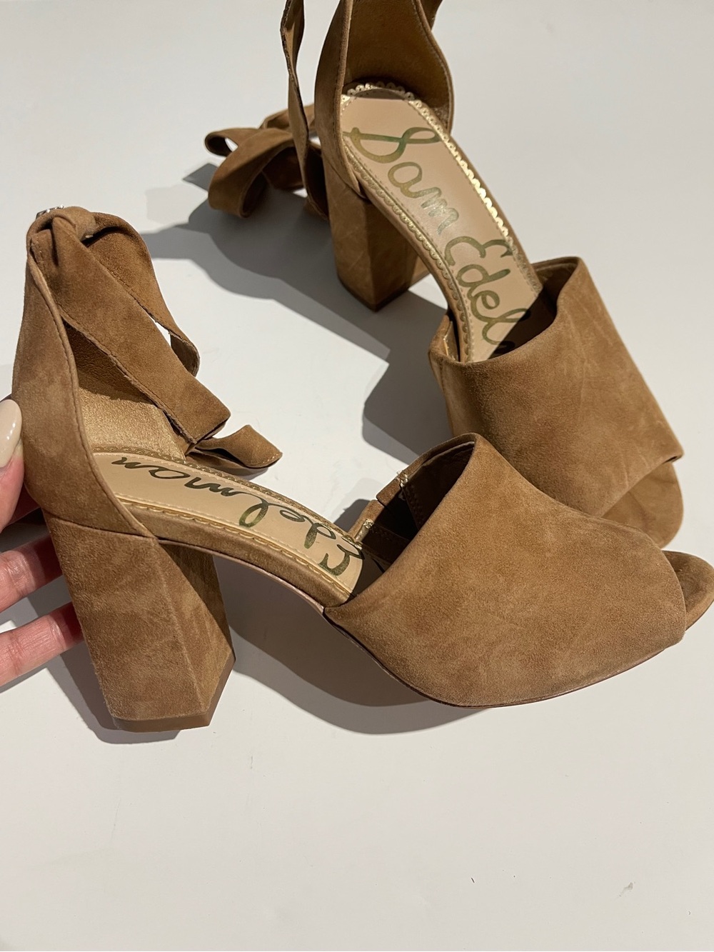 Sam Edelman Tan Suede Ankle-Tie Block Heels